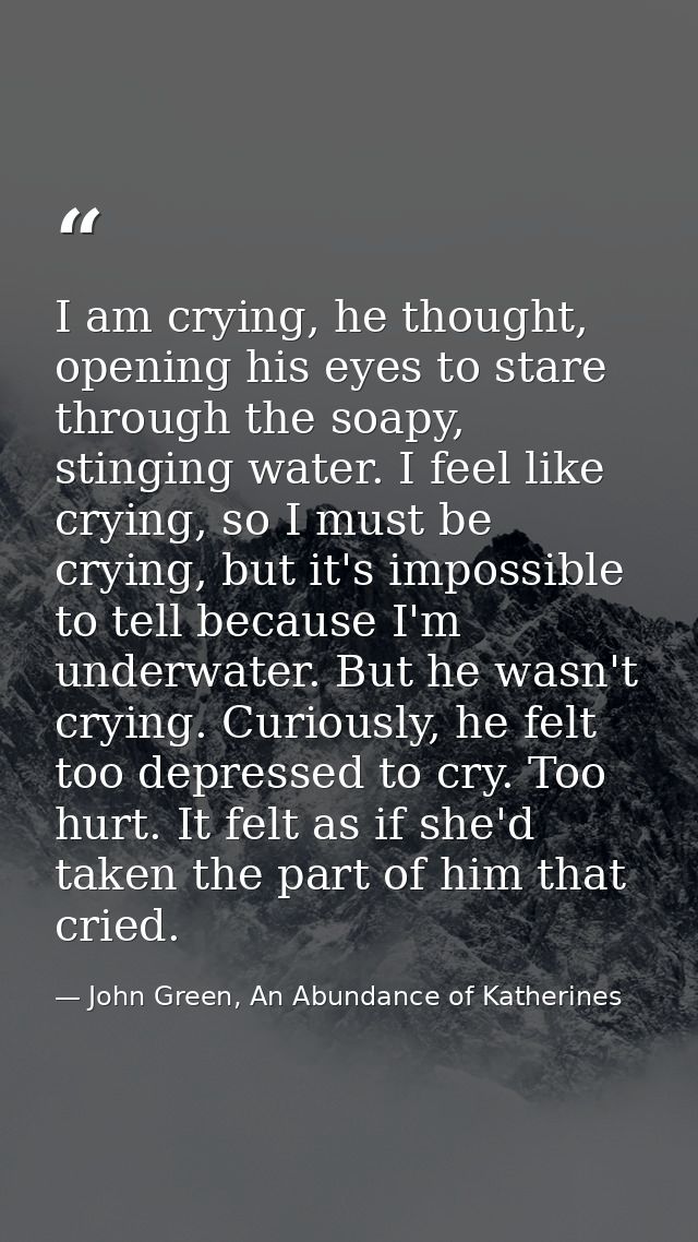I am crying, he thought, opening his eyes to stare through the soapy, stinging water. I feel like crying, so I must be c — John Green, An Abundance of Katherines