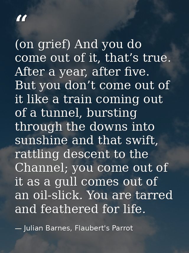 (on grief) And you do come out of it, that’s true. After a year, after five. But you don’t come out of it like a train c — Julian Barnes, Flaubert's Parrot