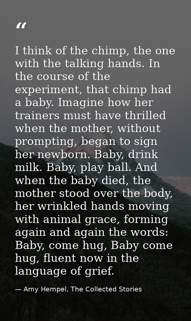 I think of the chimp, the one with the talking hands. In the course of the experiment, that chimp had a baby. Imagine ho — Amy Hempel, The Collected Stories