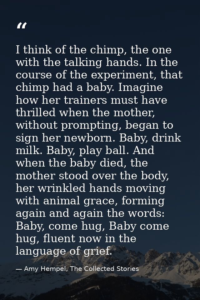 I think of the chimp, the one with the talking hands. In the course of the experiment, that chimp had a baby. Imagine ho — Amy Hempel, The Collected Stories
