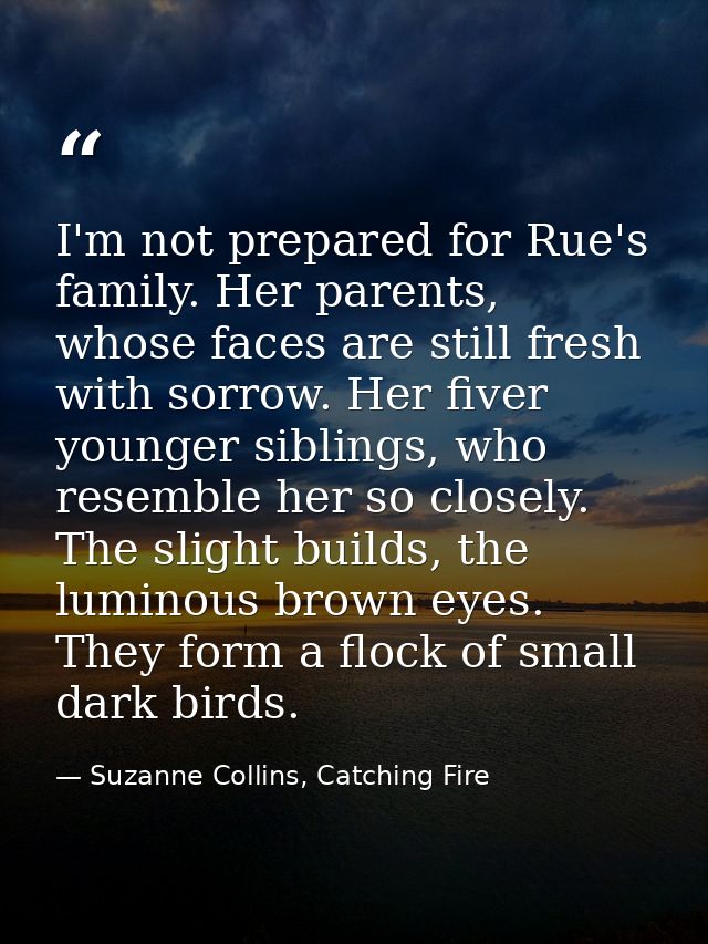 I'm not prepared for Rue's family. Her parents, whose faces are still fresh with sorrow. Her fiver younger siblings, who — Suzanne Collins, Catching Fire
