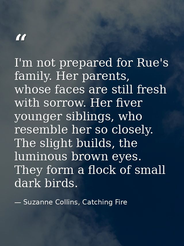I'm not prepared for Rue's family. Her parents, whose faces are still fresh with sorrow. Her fiver younger siblings, who — Suzanne Collins, Catching Fire