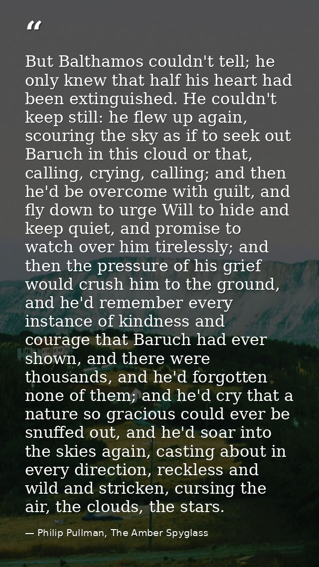 But Balthamos couldn't tell; he only knew that half his heart had been extinguished. He couldn't keep still: he flew up  — Philip Pullman, The Amber Spyglass