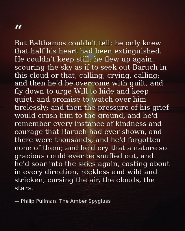 But Balthamos couldn't tell; he only knew that half his heart had been extinguished. He couldn't keep still: he flew up  — Philip Pullman, The Amber Spyglass