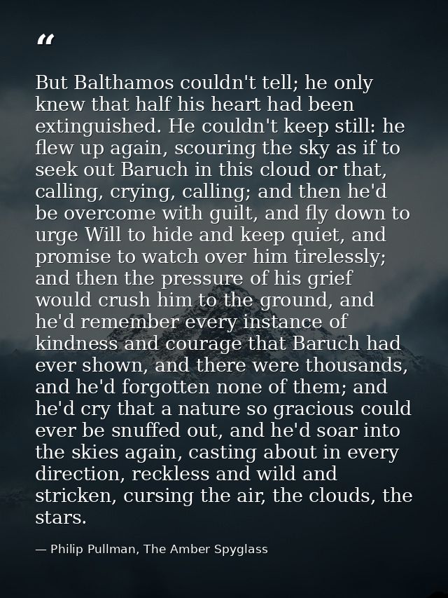 But Balthamos couldn't tell; he only knew that half his heart had been extinguished. He couldn't keep still: he flew up  — Philip Pullman, The Amber Spyglass