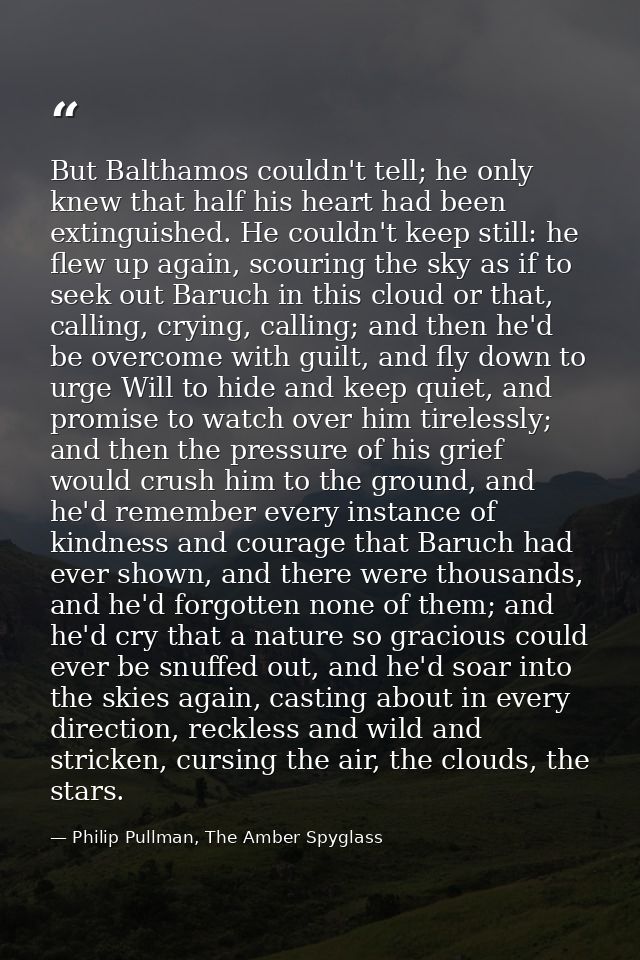 But Balthamos couldn't tell; he only knew that half his heart had been extinguished. He couldn't keep still: he flew up  — Philip Pullman, The Amber Spyglass
