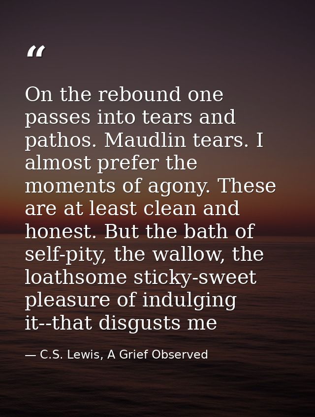 On the rebound one passes into tears and pathos. Maudlin tears. I almost prefer the moments of agony. These are at least — C.S. Lewis, A Grief Observed