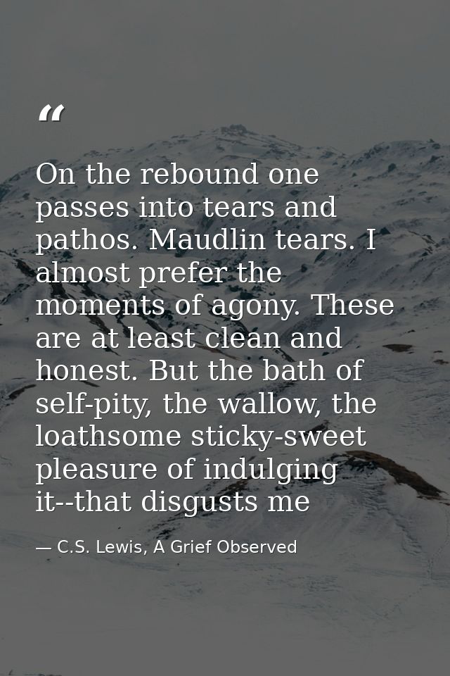 On the rebound one passes into tears and pathos. Maudlin tears. I almost prefer the moments of agony. These are at least — C.S. Lewis, A Grief Observed