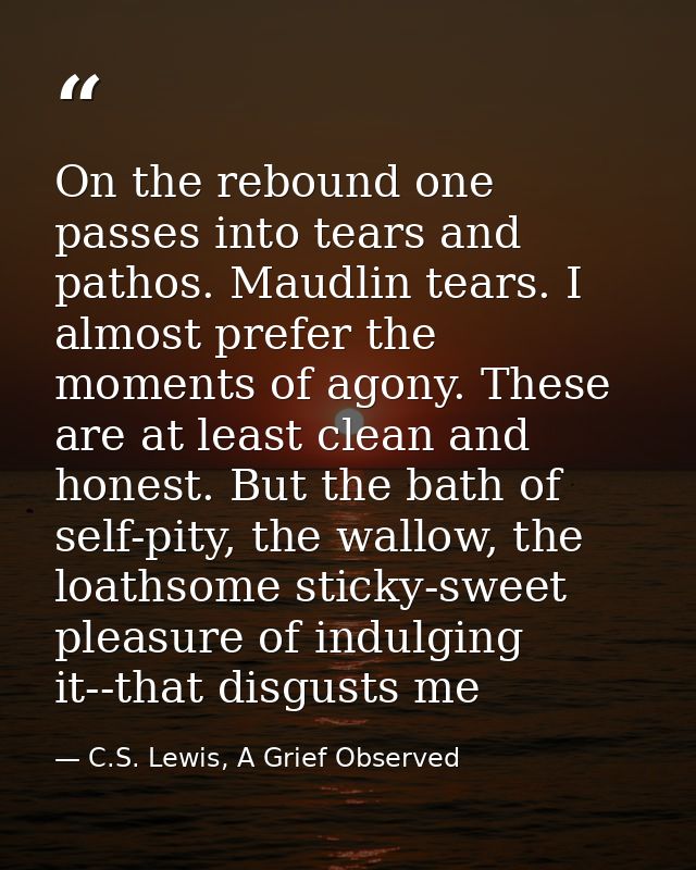 On the rebound one passes into tears and pathos. Maudlin tears. I almost prefer the moments of agony. These are at least — C.S. Lewis, A Grief Observed