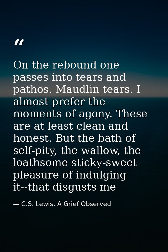 On the rebound one passes into tears and pathos. Maudlin tears. I almost prefer the moments of agony. These are at least — C.S. Lewis, A Grief Observed