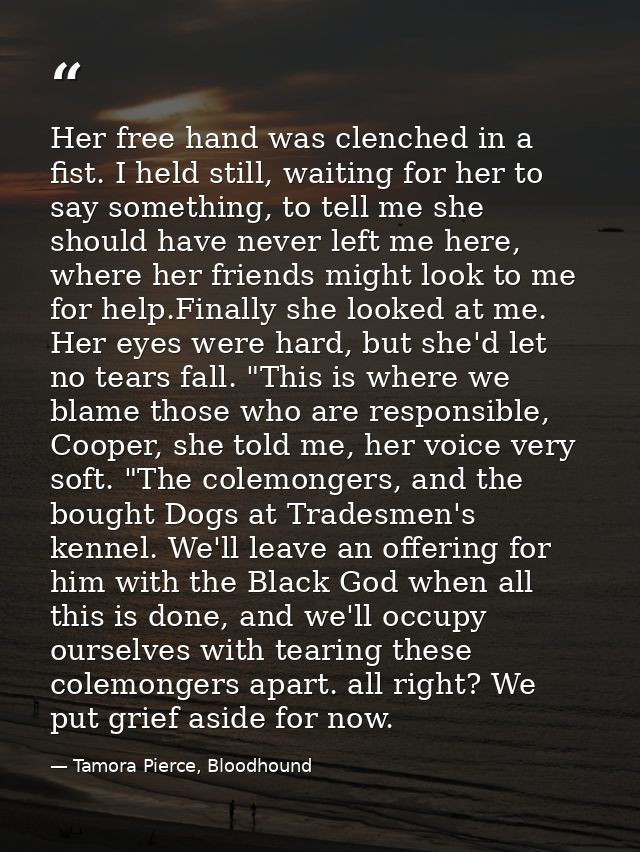 Her free hand was clenched in a fist. I held still, waiting for her to say something, to tell me she should have never l — Tamora Pierce, Bloodhound
