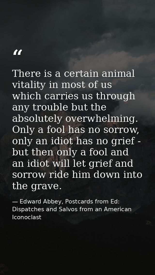 There is a certain animal vitality in most of us which carries us through any trouble but the absolutely overwhelming. O — Edward Abbey, Postcards from Ed: Dispatches and Salvos from an American Iconoclast