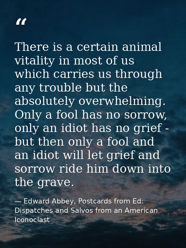 There is a certain animal vitality in most of us which carries us through any trouble but the absolutely overwhelming. O — Edward Abbey, Postcards from Ed: Dispatches and Salvos from an American Iconoclast
