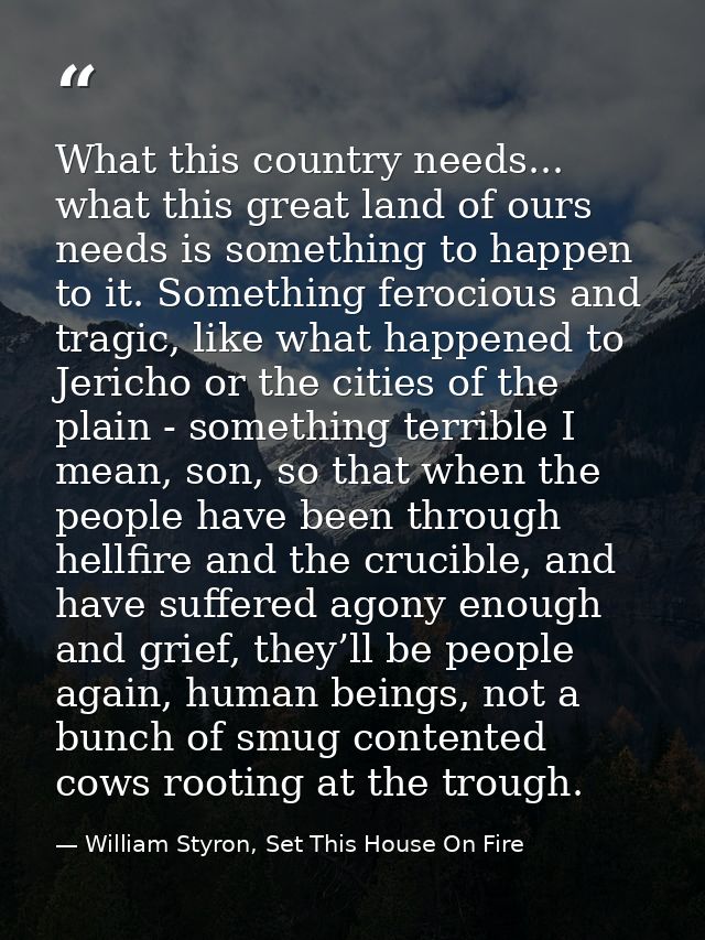 What this country needs... what this great land of ours needs is something to happen to it. Something ferocious and trag — William Styron, Set This House On Fire