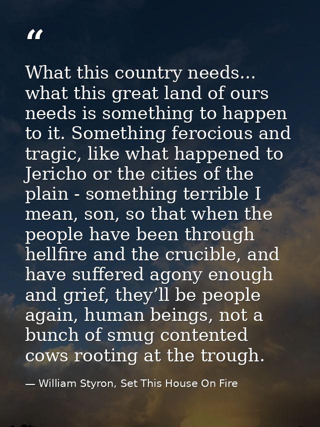What this country needs... what this great land of ours needs is something to happen to it. Something ferocious and trag — William Styron, Set This House On Fire