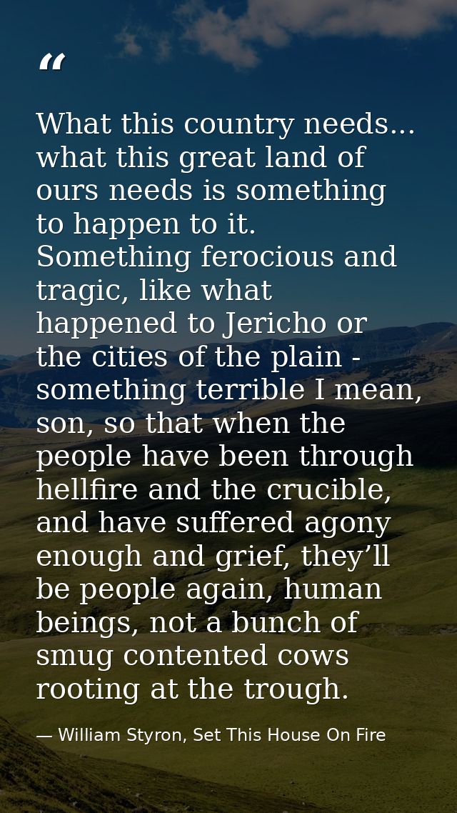 What this country needs... what this great land of ours needs is something to happen to it. Something ferocious and trag — William Styron, Set This House On Fire