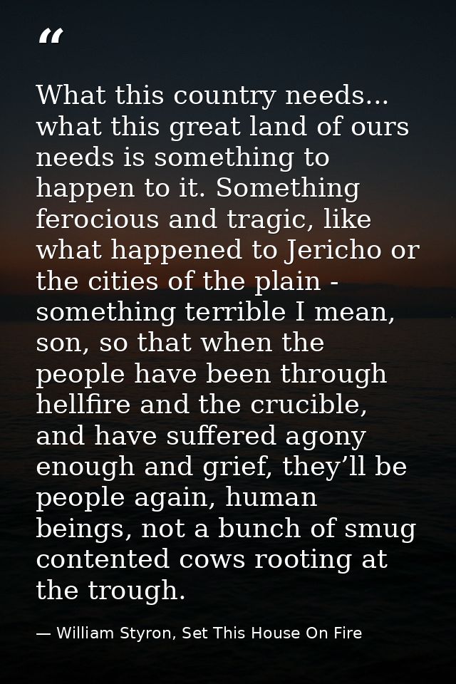 What this country needs... what this great land of ours needs is something to happen to it. Something ferocious and trag — William Styron, Set This House On Fire