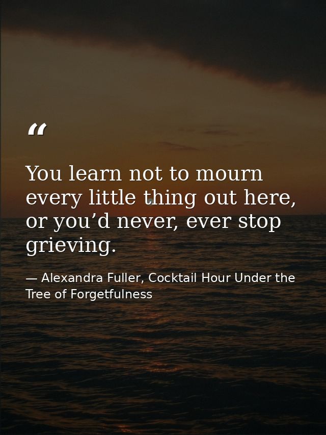 You learn not to mourn every little thing out here, or you’d never, ever stop grieving. — Alexandra Fuller, Cocktail Hour Under the Tree of Forgetfulness