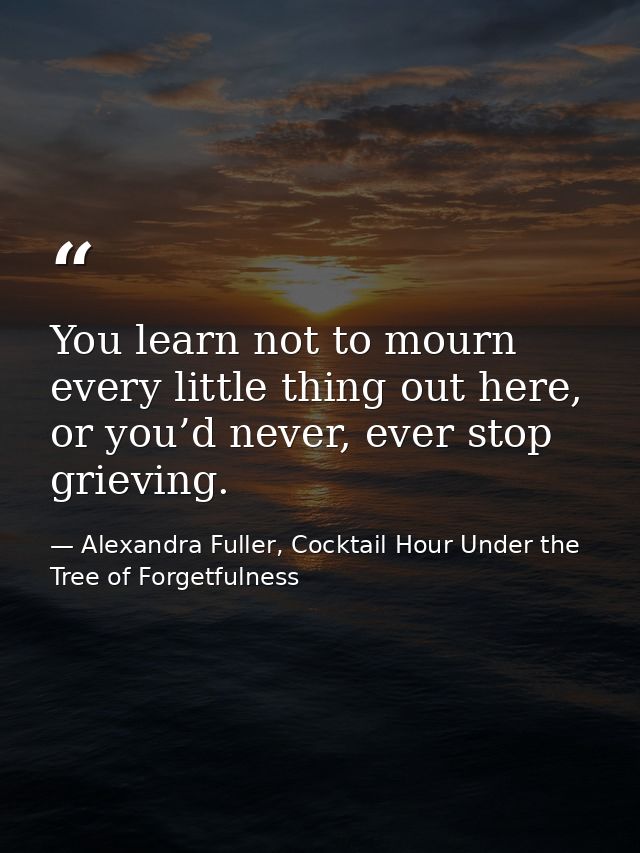 You learn not to mourn every little thing out here, or you’d never, ever stop grieving. — Alexandra Fuller, Cocktail Hour Under the Tree of Forgetfulness
