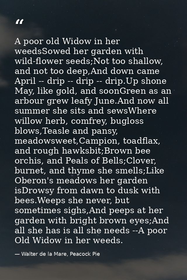 A poor old Widow in her weedsSowed her garden with wild-flower seeds;Not too shallow, and not too deep,And down came Apr — Walter de la Mare, Peacock Pie