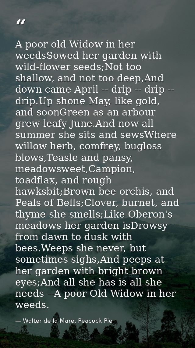 A poor old Widow in her weedsSowed her garden with wild-flower seeds;Not too shallow, and not too deep,And down came Apr — Walter de la Mare, Peacock Pie
