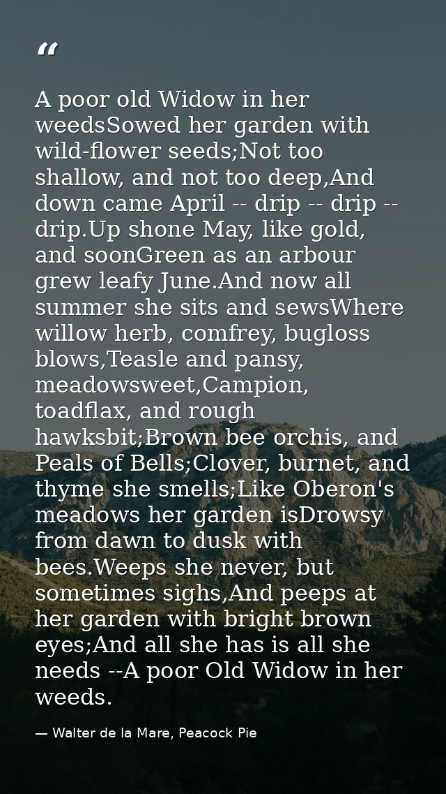 A poor old Widow in her weedsSowed her garden with wild-flower seeds;Not too shallow, and not too deep,And down came Apr — Walter de la Mare, Peacock Pie