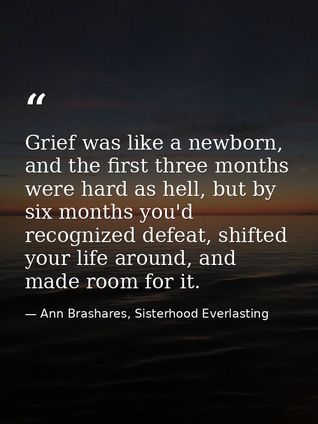 Grief was like a newborn, and the first three months were hard as hell, but by six months you'd recognized defeat, shift — Ann Brashares, Sisterhood Everlasting