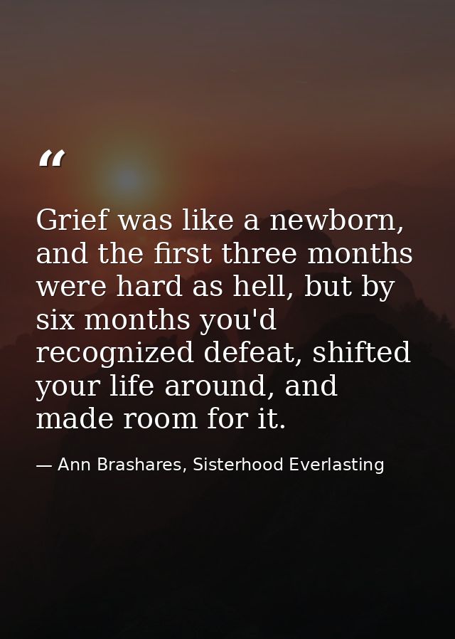 Grief was like a newborn, and the first three months were hard as hell, but by six months you'd recognized defeat, shift — Ann Brashares, Sisterhood Everlasting