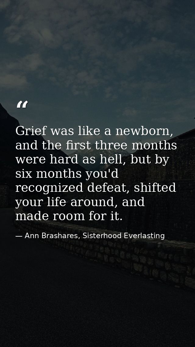 Grief was like a newborn, and the first three months were hard as hell, but by six months you'd recognized defeat, shift — Ann Brashares, Sisterhood Everlasting