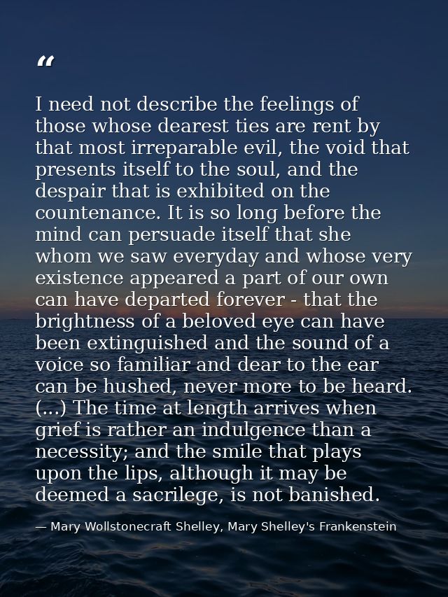 I need not describe the feelings of those whose dearest ties are rent by that most irreparable evil, the void that prese — Mary Wollstonecraft Shelley, Mary Shelley's Frankenstein