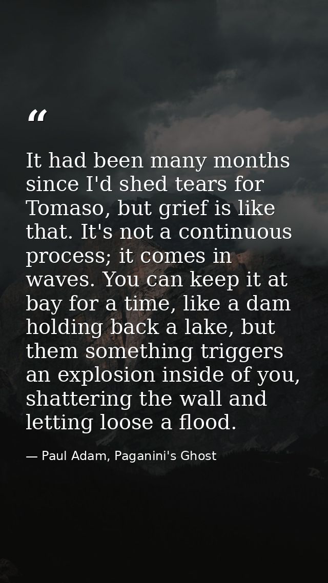 It had been many months since I'd shed tears for Tomaso, but grief is like that. It's not a continuous process; it comes — Paul Adam, Paganini's Ghost