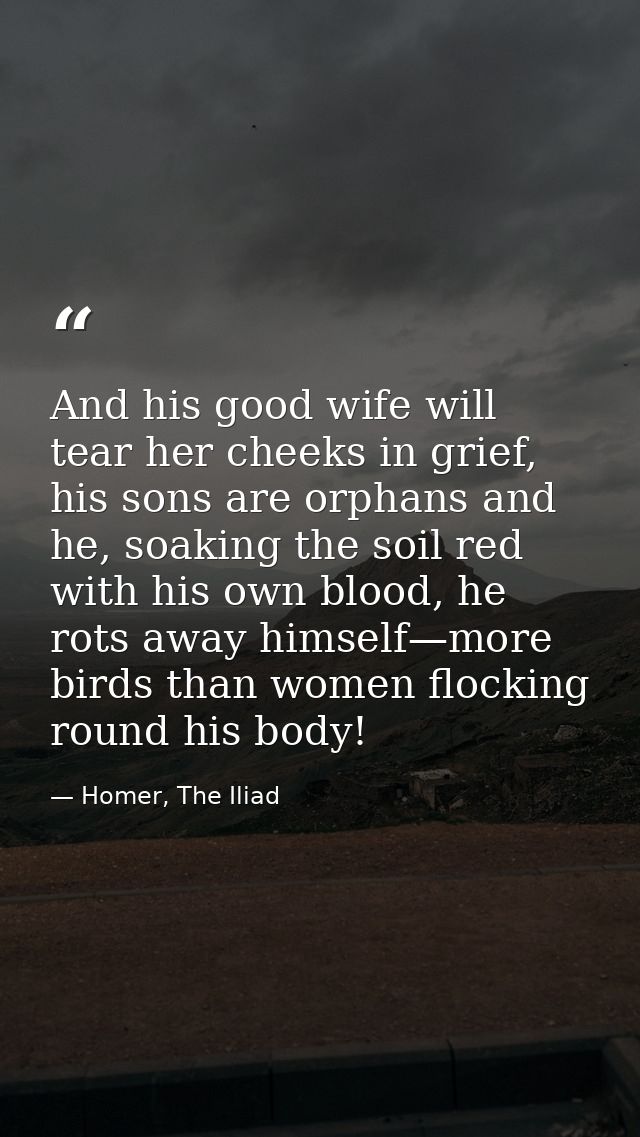 And his good wife will tear her cheeks in grief, his sons are orphans and he, soaking the soil red with his own blood, h — Homer, The Iliad