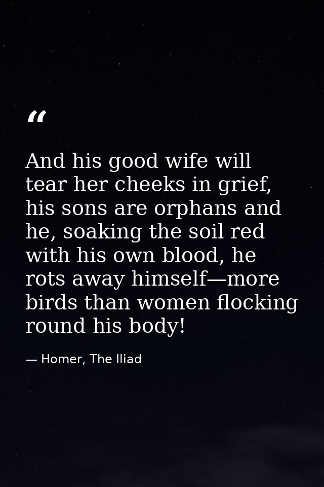 And his good wife will tear her cheeks in grief, his sons are orphans and he, soaking the soil red with his own blood, h — Homer, The Iliad