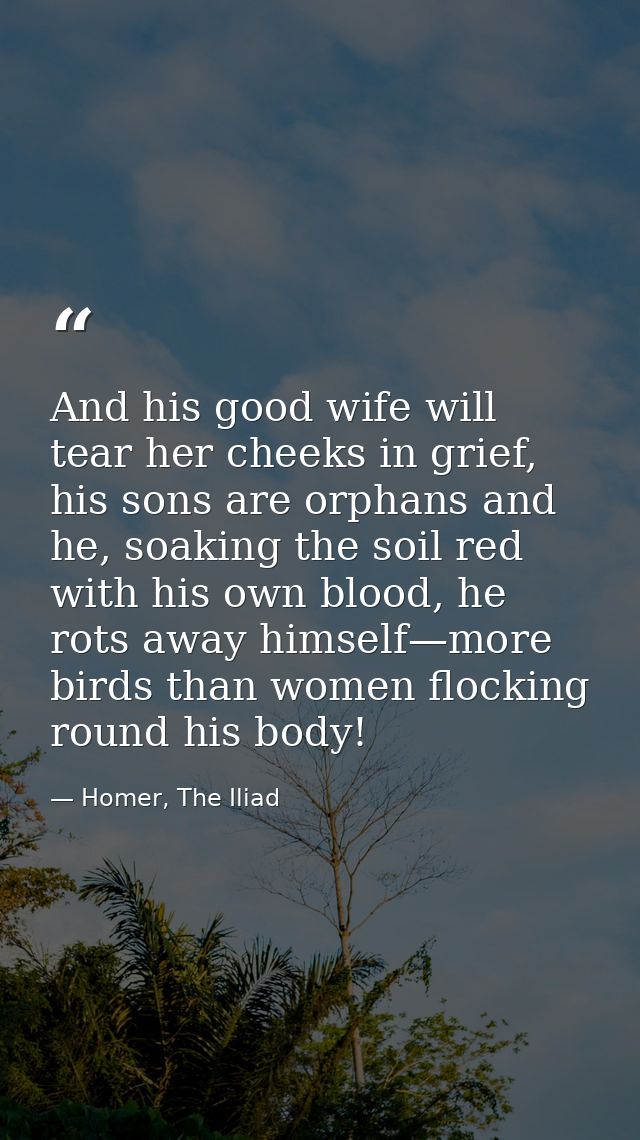 And his good wife will tear her cheeks in grief, his sons are orphans and he, soaking the soil red with his own blood, h — Homer, The Iliad