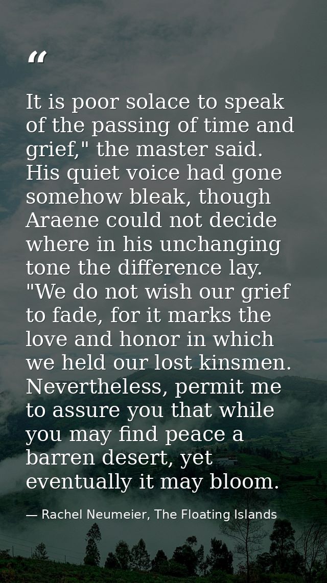 It is poor solace to speak of the passing of time and grief," the master said. His quiet voice had gone somehow bleak, t — Rachel Neumeier, The Floating Islands