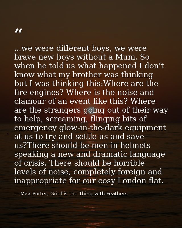 ...we were different boys, we were brave new boys without a Mum. So when he told us what happened I don't know what my b — Max Porter, Grief is the Thing with Feathers
