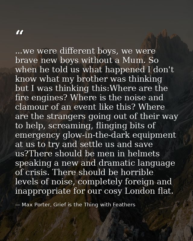 ...we were different boys, we were brave new boys without a Mum. So when he told us what happened I don't know what my b — Max Porter, Grief is the Thing with Feathers