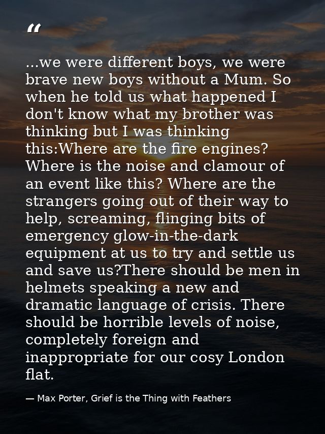 ...we were different boys, we were brave new boys without a Mum. So when he told us what happened I don't know what my b — Max Porter, Grief is the Thing with Feathers