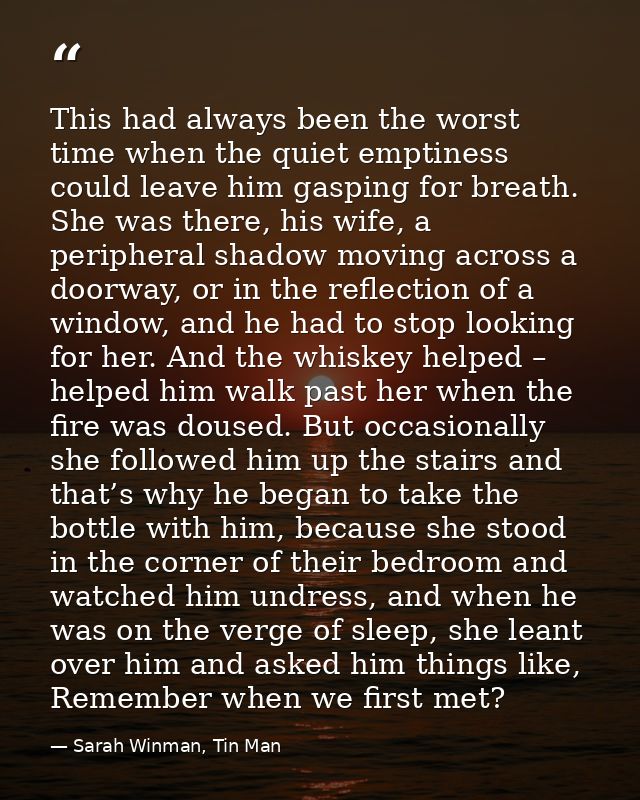 This had always been the worst time when the quiet emptiness could leave him gasping for breath. She was there, his wife — Sarah Winman, Tin Man