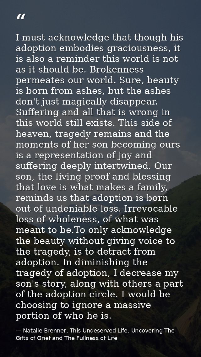 I must acknowledge that though his adoption embodies graciousness, it is also a reminder this world is not as it should  — Natalie Brenner, This Undeserved Life: Uncovering The Gifts of Grief and The Fullness of Life