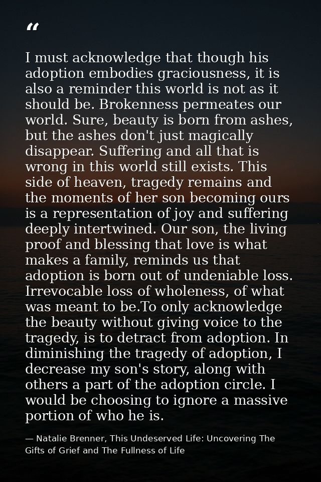 I must acknowledge that though his adoption embodies graciousness, it is also a reminder this world is not as it should  — Natalie Brenner, This Undeserved Life: Uncovering The Gifts of Grief and The Fullness of Life