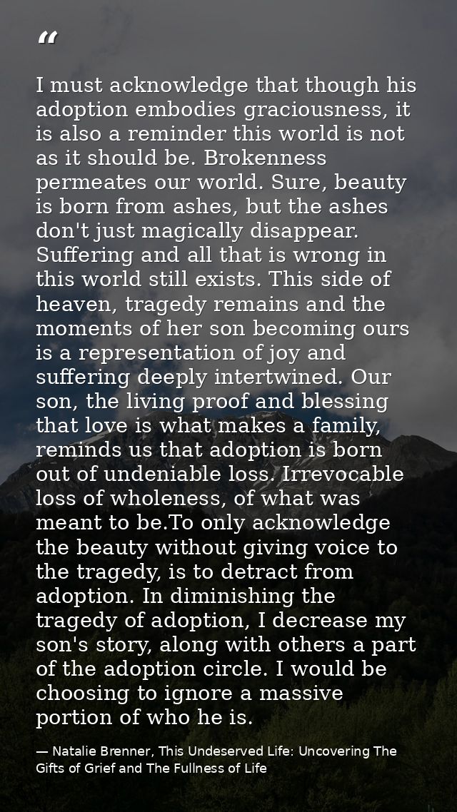 I must acknowledge that though his adoption embodies graciousness, it is also a reminder this world is not as it should  — Natalie Brenner, This Undeserved Life: Uncovering The Gifts of Grief and The Fullness of Life