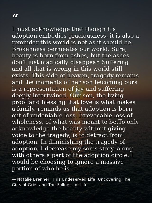 I must acknowledge that though his adoption embodies graciousness, it is also a reminder this world is not as it should  — Natalie Brenner, This Undeserved Life: Uncovering The Gifts of Grief and The Fullness of Life