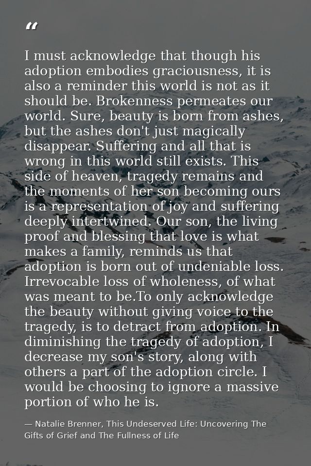 I must acknowledge that though his adoption embodies graciousness, it is also a reminder this world is not as it should  — Natalie Brenner, This Undeserved Life: Uncovering The Gifts of Grief and The Fullness of Life