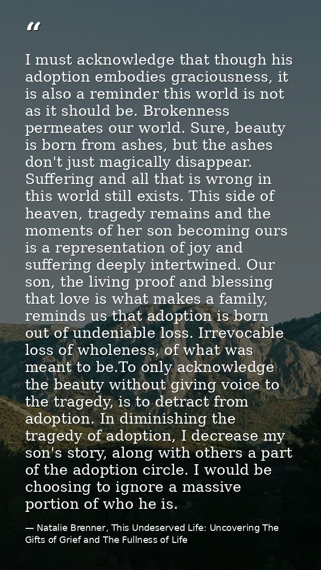 I must acknowledge that though his adoption embodies graciousness, it is also a reminder this world is not as it should  — Natalie Brenner, This Undeserved Life: Uncovering The Gifts of Grief and The Fullness of Life