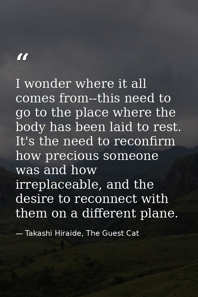 I wonder where it all comes from--this need to go to the place where the body has been laid to rest. It's the need to re — Takashi Hiraide, The Guest Cat