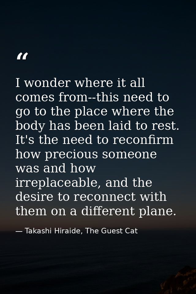 I wonder where it all comes from--this need to go to the place where the body has been laid to rest. It's the need to re — Takashi Hiraide, The Guest Cat