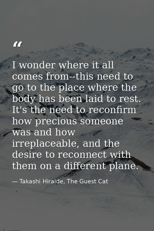 I wonder where it all comes from--this need to go to the place where the body has been laid to rest. It's the need to re — Takashi Hiraide, The Guest Cat