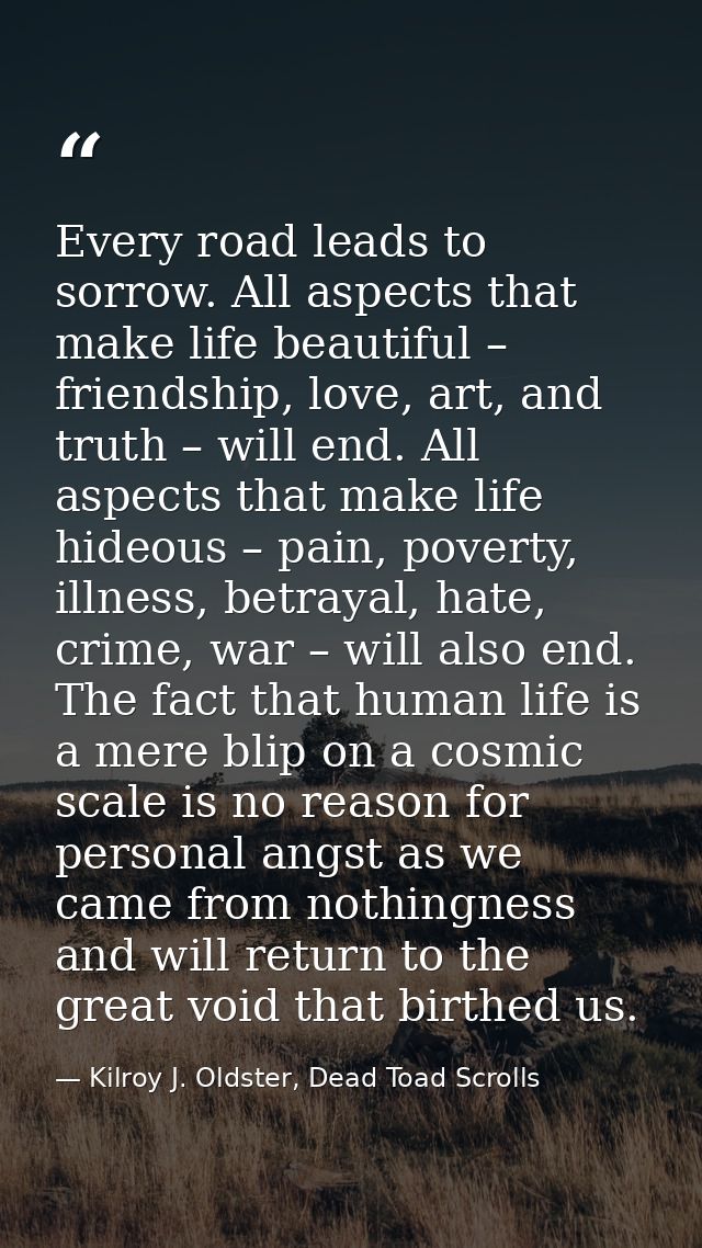 Every road leads to sorrow. All aspects that make life beautiful – friendship, love, art, and truth – will end. All aspe — Kilroy J. Oldster, Dead Toad Scrolls