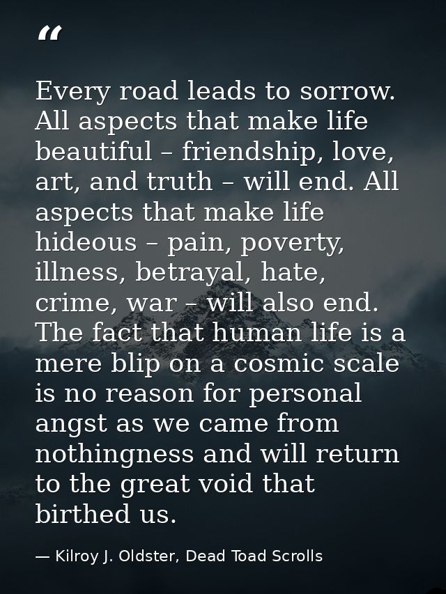 Every road leads to sorrow. All aspects that make life beautiful – friendship, love, art, and truth – will end. All aspe — Kilroy J. Oldster, Dead Toad Scrolls